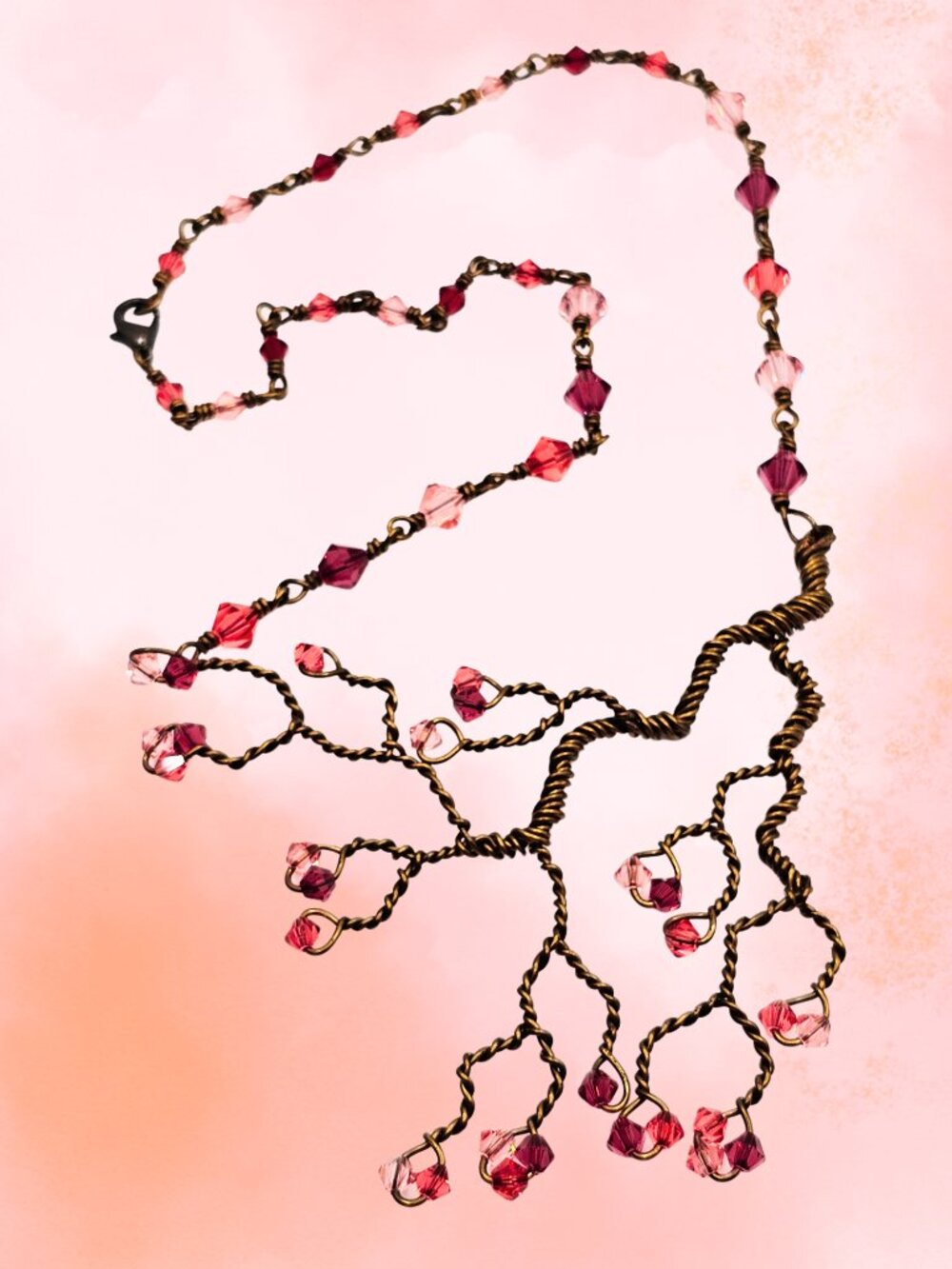 Hand Twisted Copper Tree Necklace Pink Crystal Cherry Blossom Statement Artisan - Picture 2 of 10